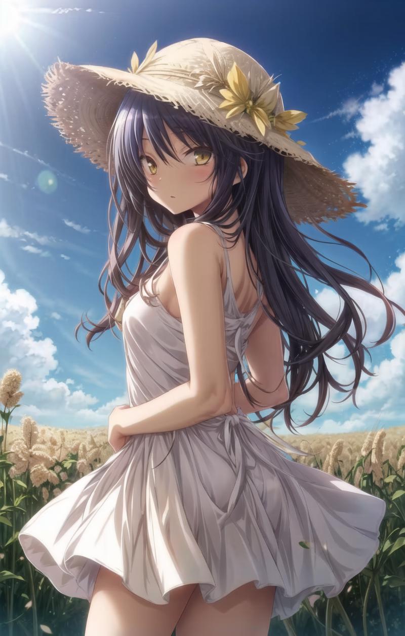 02678-3484639831-masterpiece，best quality，beautiful，1girl,solo,blue hair,long hair,yellow eyes,white sundress, straw hat,wheat field ，sun shine,a.png